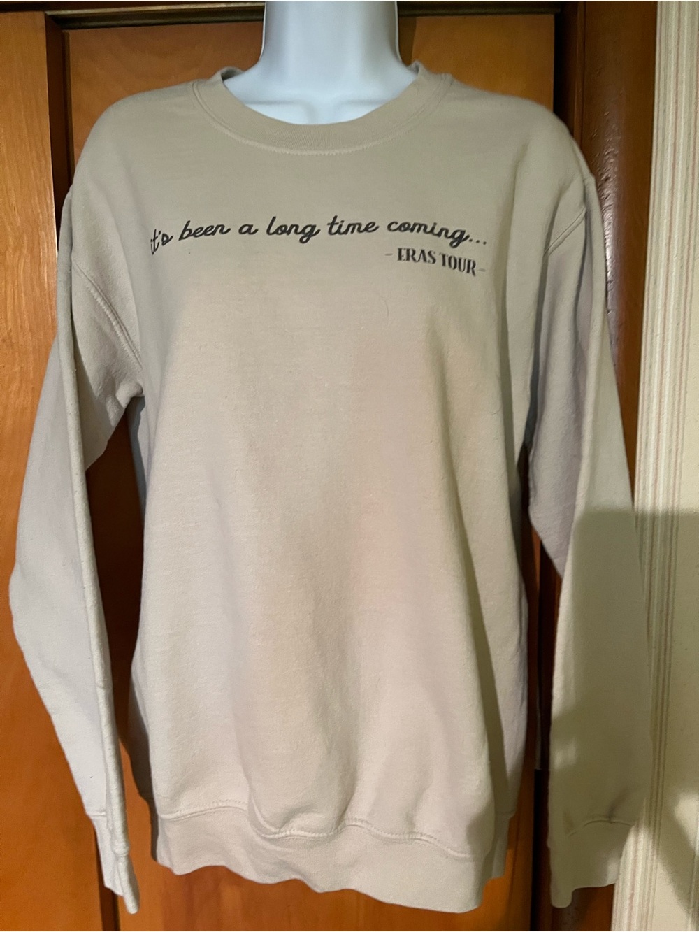 Gildan ERAS TOUR Beige Crewneck Sweatshirt Script 'It's Been a Long Time Coming'